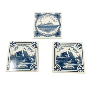 Vintage Holland America Line Set of 3 Ceramic Tile Coasters Blue White Cork Back